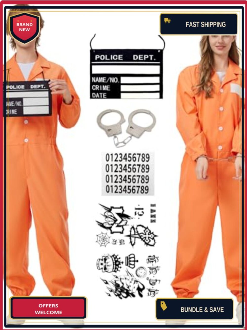 Prisoner Costume Men Women Adult Halloween Inmate Jumpsuit Set Handcuffs